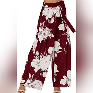 TICOSA Maroon Floral Wide-Leg Palazzo Pants with Tie Waist & Pockets